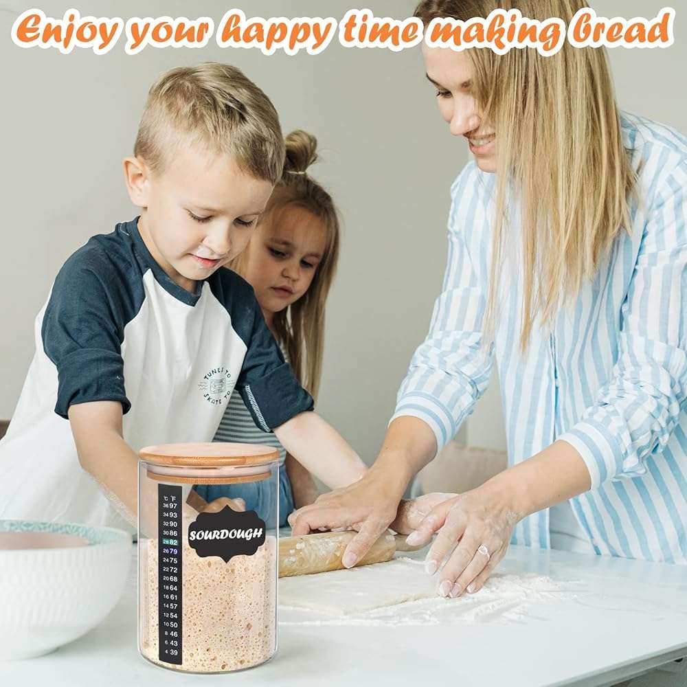 Kmise Sourdough Starter Jar, 34 Oz DIY Pro Glass Sourdough Starter Jar Kit With Thermometer, Silicone Spatula, Blackboard Stickers and Cutter - Image 2