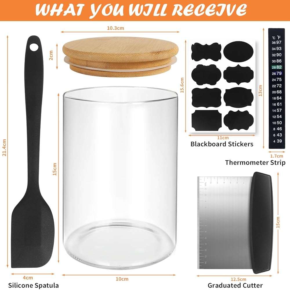 Kmise Sourdough Starter Jar, 34 Oz DIY Pro Glass Sourdough Starter Jar Kit With Thermometer, Silicone Spatula, Blackboard Stickers and Cutter - Image 3