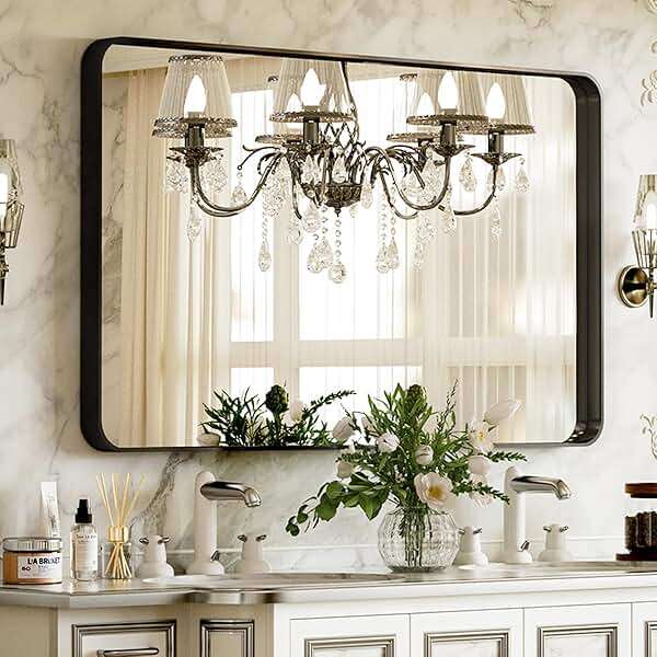 VooBang Bathroom Mirror 24x32 inch, Black Gorgeous Deep Frame Wall Mirror, Modern Round Corner Bathroom Vanity Mirror for Bedroom, Living Room, Hanging or Leaning Horizontal or Vertical, Black - Image 1