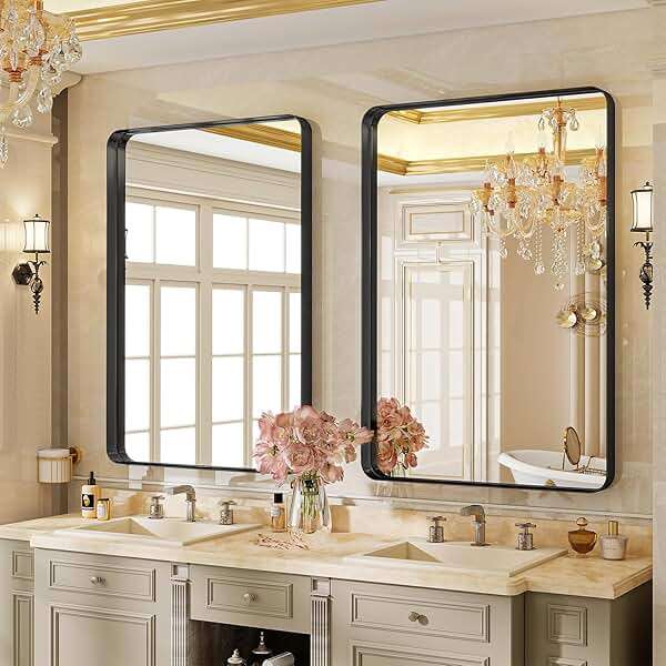 VooBang Bathroom Mirror 24x32 inch, Black Gorgeous Deep Frame Wall Mirror, Modern Round Corner Bathroom Vanity Mirror for Bedroom, Living Room, Hanging or Leaning Horizontal or Vertical, Black - Image 2