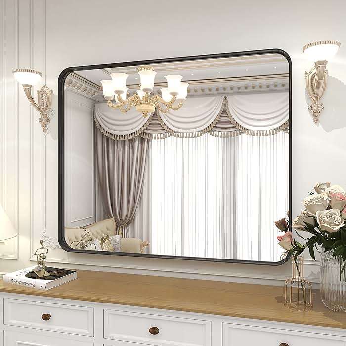 VooBang Bathroom Mirror 24x32 inch, Black Gorgeous Deep Frame Wall Mirror, Modern Round Corner Bathroom Vanity Mirror for Bedroom, Living Room, Hanging or Leaning Horizontal or Vertical, Black - Image 6