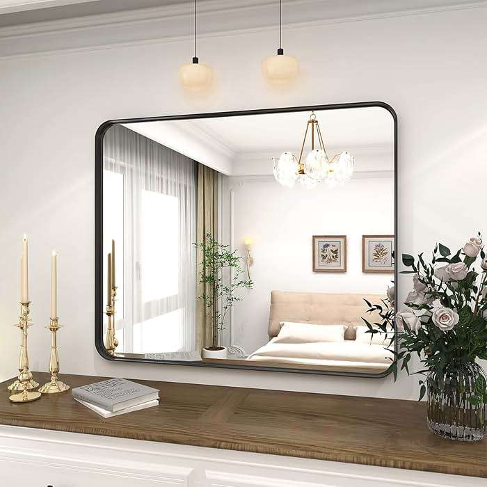 VooBang Bathroom Mirror 24x32 inch, Black Gorgeous Deep Frame Wall Mirror, Modern Round Corner Bathroom Vanity Mirror for Bedroom, Living Room, Hanging or Leaning Horizontal or Vertical, Black - Image 7