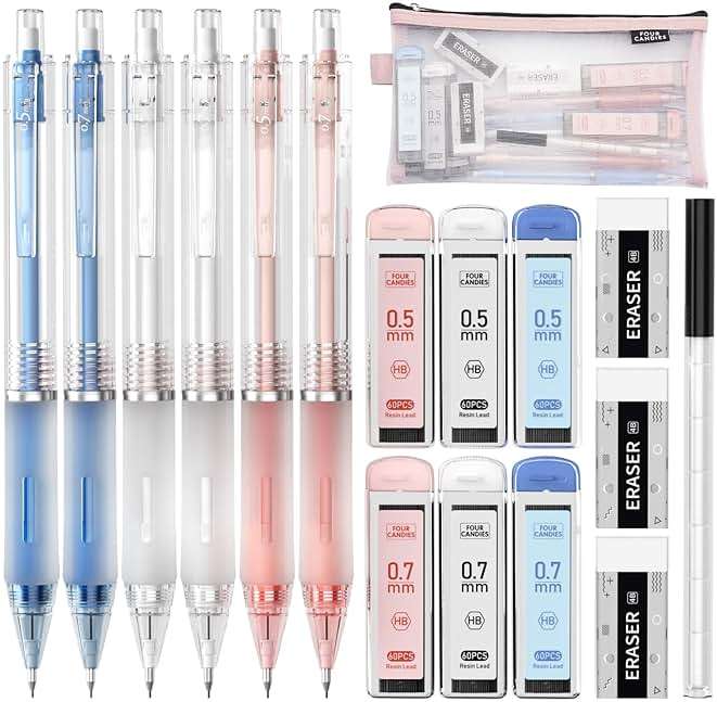 Four Candies Mechanical Pencil Set with Case, 6PCS Aesthetic Mechanical Pencils 0.5 & 0.7mm with 360PCS HB Lead Refills, 12PCS Erasers, Cute Mechanical Pencils for Writing, Drawing and Sketching - Image 1