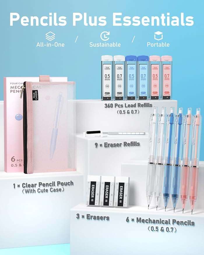 Four Candies Mechanical Pencil Set with Case, 6PCS Aesthetic Mechanical Pencils 0.5 & 0.7mm with 360PCS HB Lead Refills, 12PCS Erasers, Cute Mechanical Pencils for Writing, Drawing and Sketching - Image 6