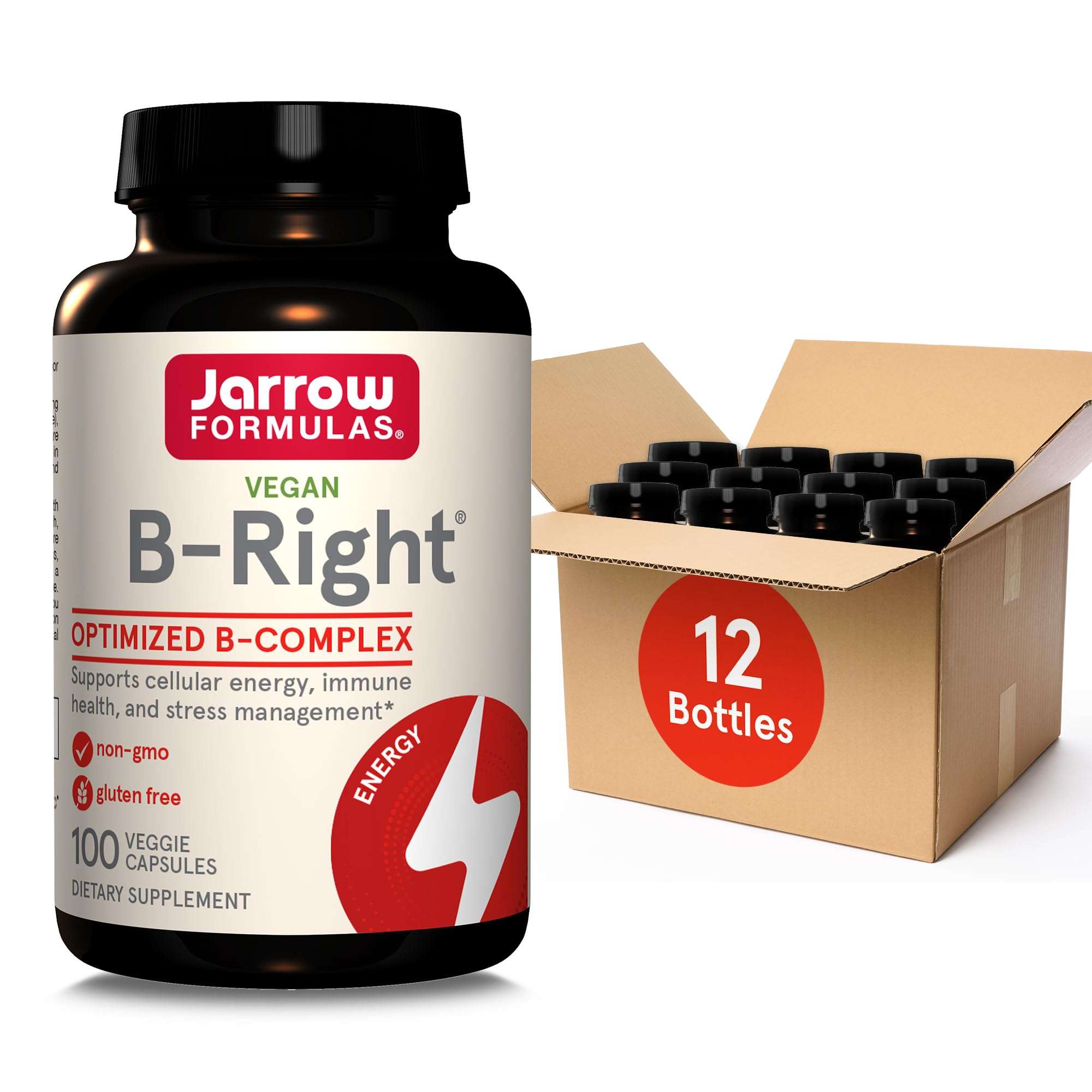 Jarrow Formulas B-Right,Optimized B Complex Featuring Vit B1,B2,B5,B6,B12 and B9 to Support Cellular Energy,Immune Health and Stress Management,100 Veggie Caps,Up to a 100 Day Supply, Pack of 12 - Image 1