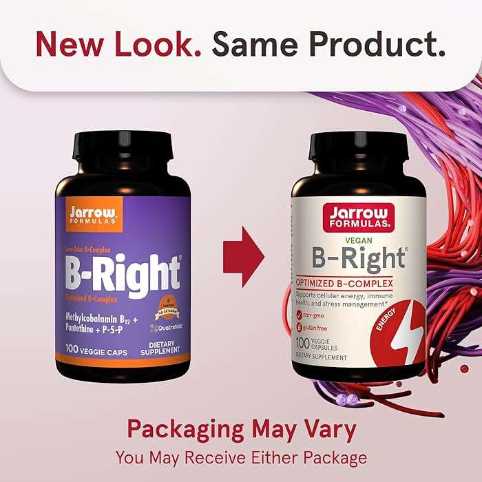 Jarrow Formulas B-Right,Optimized B Complex Featuring Vit B1,B2,B5,B6,B12 and B9 to Support Cellular Energy,Immune Health and Stress Management,100 Veggie Caps,Up to a 100 Day Supply, Pack of 12 - Image 2