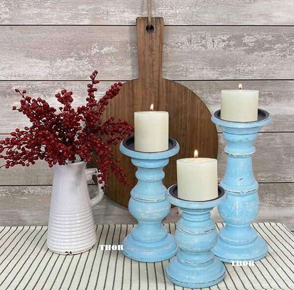 Decorative Light Blue Wood Turned Style Pillar Candle Holder with Distressed Finish, Set of 3 6", 8", 10" H, Light Blue - Image 2