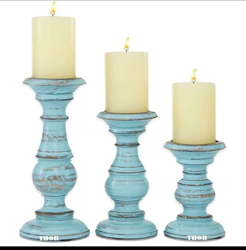Decorative Light Blue Wood Turned Style Pillar Candle Holder with Distressed Finish, Set of 3 6", 8", 10" H, Light Blue - Image 6