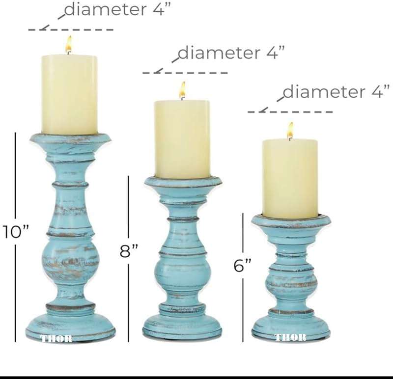 Decorative Light Blue Wood Turned Style Pillar Candle Holder with Distressed Finish, Set of 3 6", 8", 10" H, Light Blue - Image 7