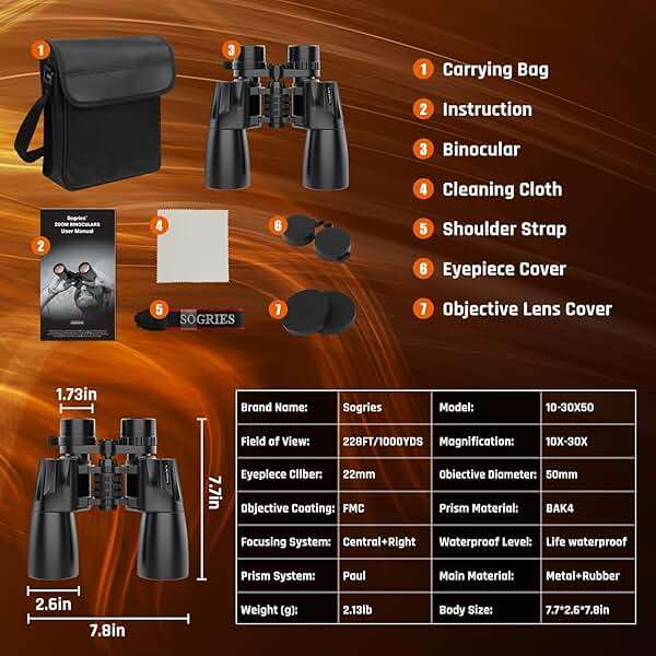 10-30x50 Zoom Binoculars for Adults, High Powered Military Binoculars for Bird Watching Traveling Hunting Concerts with Large View,BAK4,FMC Lens,Clear Low Light Vision at Night - Image 7
