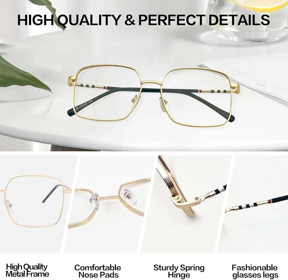 QxAiVMin Oversized Square Metal Reading Glasses Women, Large Anti Blue Light Computer Reader, Anti Eyestrain Eyewear - Image 3