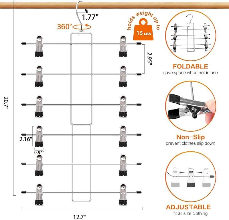 3 Pack Pants-Hangers-Space-Saving,6 Tier-Closet-Organizers-and-Storage Skirt Hangers with Clips,Closet-Organizer-Clothes-Organization-and-Storage Jeans Scarf Hangers,College-Dorm-Room-Essentials Decor - Image 2