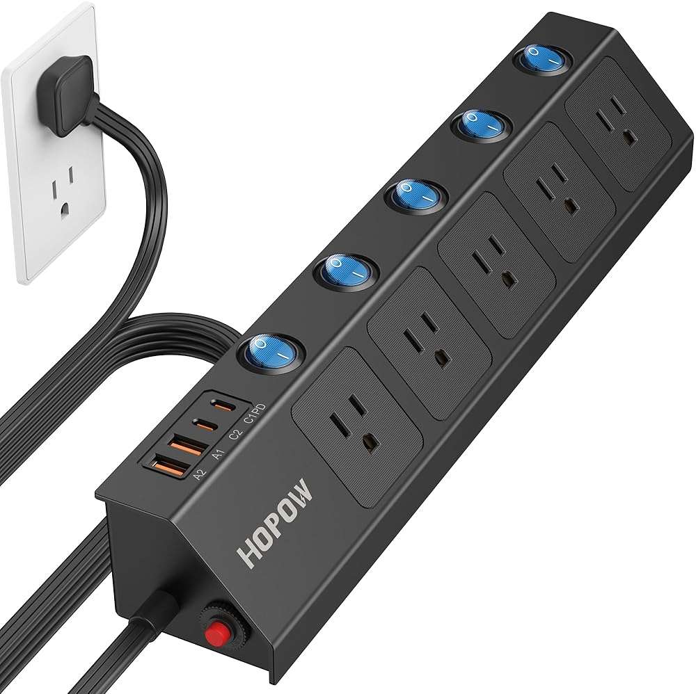 HOPOW Flat Plug Power Strip with Individual Switches, 10 Ft Ultra Thin Flat Extension Cord, 5-Outlet Surge Protector with 2 USB-C (20W PD) & 2 USB-A, 1700 Joules, Wall Mount for Home Office, Black - Image 1