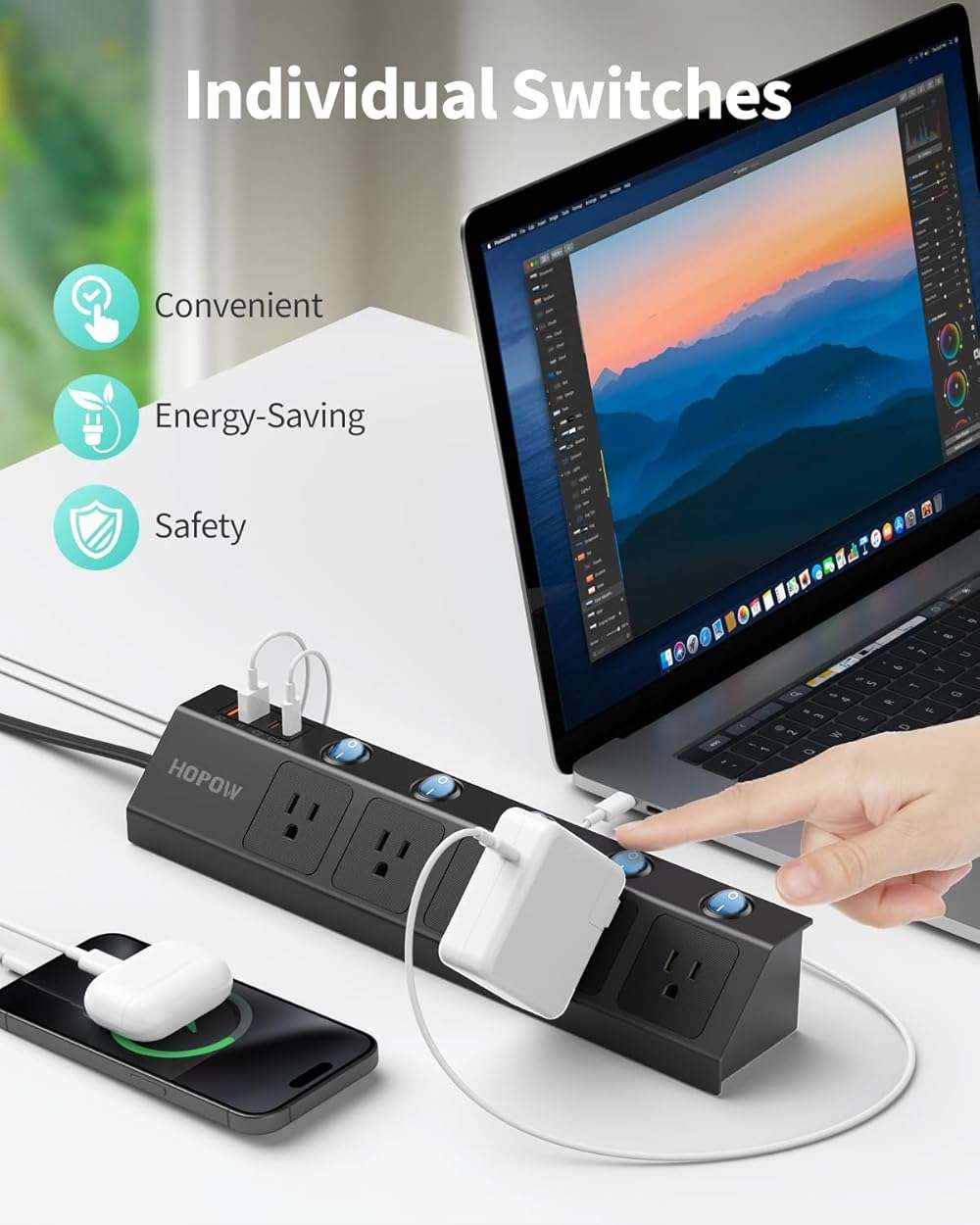 HOPOW Flat Plug Power Strip with Individual Switches, 10 Ft Ultra Thin Flat Extension Cord, 5-Outlet Surge Protector with 2 USB-C (20W PD) & 2 USB-A, 1700 Joules, Wall Mount for Home Office, Black - Image 2