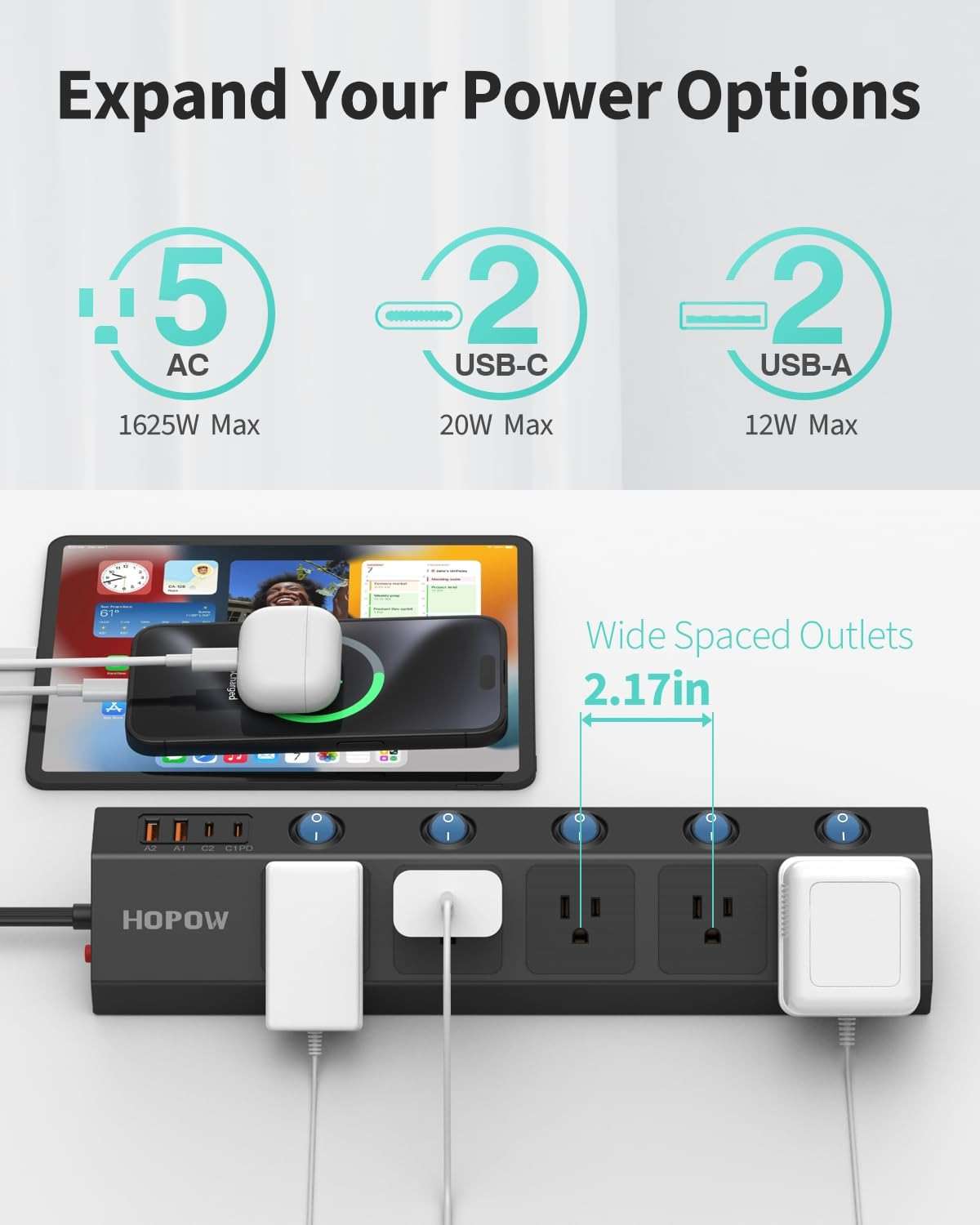 HOPOW Flat Plug Power Strip with Individual Switches, 10 Ft Ultra Thin Flat Extension Cord, 5-Outlet Surge Protector with 2 USB-C (20W PD) & 2 USB-A, 1700 Joules, Wall Mount for Home Office, Black - Image 3
