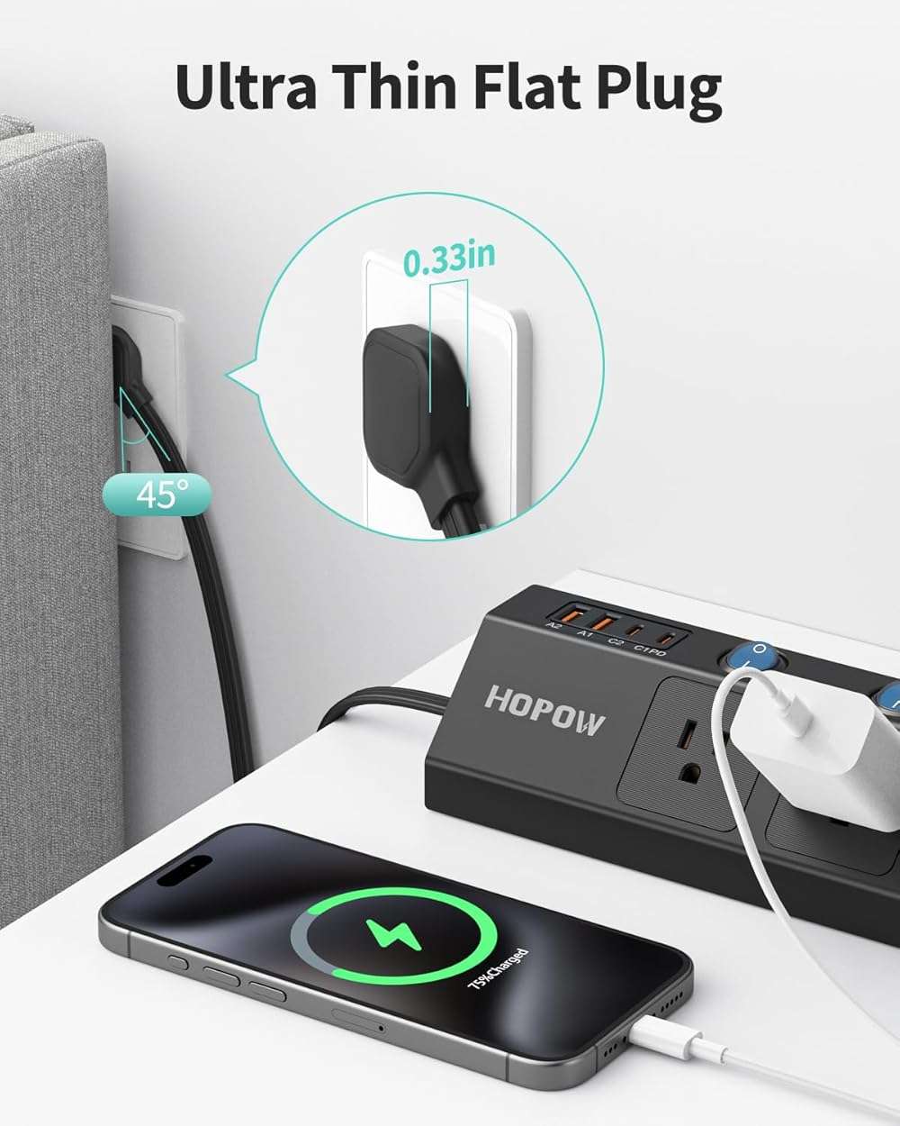 HOPOW Flat Plug Power Strip with Individual Switches, 10 Ft Ultra Thin Flat Extension Cord, 5-Outlet Surge Protector with 2 USB-C (20W PD) & 2 USB-A, 1700 Joules, Wall Mount for Home Office, Black - Image 4