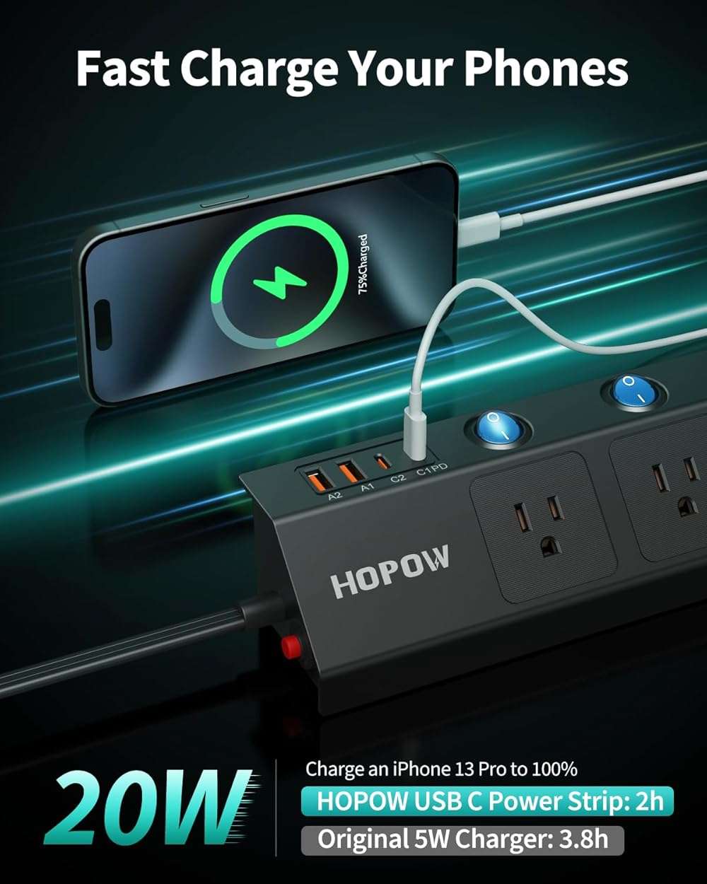 HOPOW Flat Plug Power Strip with Individual Switches, 10 Ft Ultra Thin Flat Extension Cord, 5-Outlet Surge Protector with 2 USB-C (20W PD) & 2 USB-A, 1700 Joules, Wall Mount for Home Office, Black - Image 5