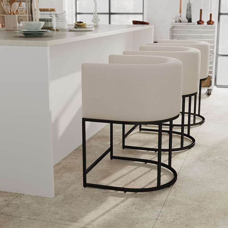 RIVOVA Contemporary Cream Linen Bar Stools Set of 3, 24" Upholstered Fabric Counter Height Barstools Kitchen Counter Island Stools with Screwed Together Black Metal Base - Image 1