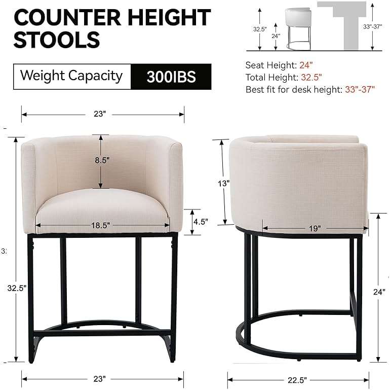 RIVOVA Contemporary Cream Linen Bar Stools Set of 3, 24" Upholstered Fabric Counter Height Barstools Kitchen Counter Island Stools with Screwed Together Black Metal Base - Image 2