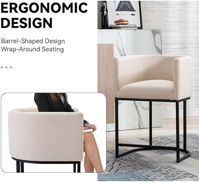 RIVOVA Contemporary Cream Linen Bar Stools Set of 3, 24" Upholstered Fabric Counter Height Barstools Kitchen Counter Island Stools with Screwed Together Black Metal Base - Image 4