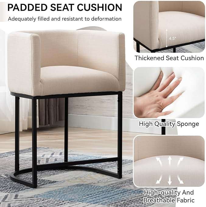 RIVOVA Contemporary Cream Linen Bar Stools Set of 3, 24" Upholstered Fabric Counter Height Barstools Kitchen Counter Island Stools with Screwed Together Black Metal Base - Image 5