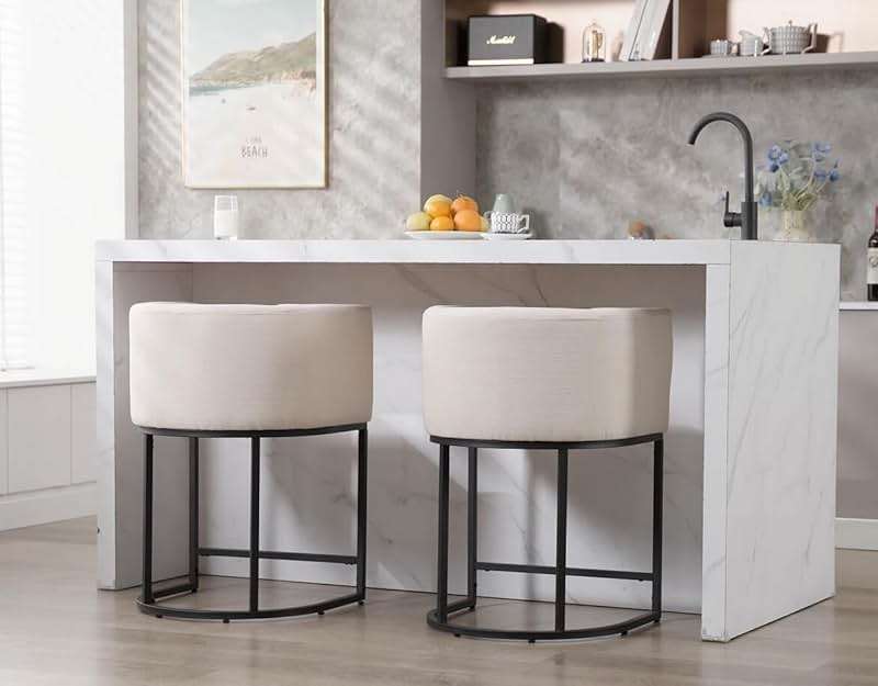 RIVOVA Contemporary Cream Linen Bar Stools Set of 3, 24" Upholstered Fabric Counter Height Barstools Kitchen Counter Island Stools with Screwed Together Black Metal Base - Image 7