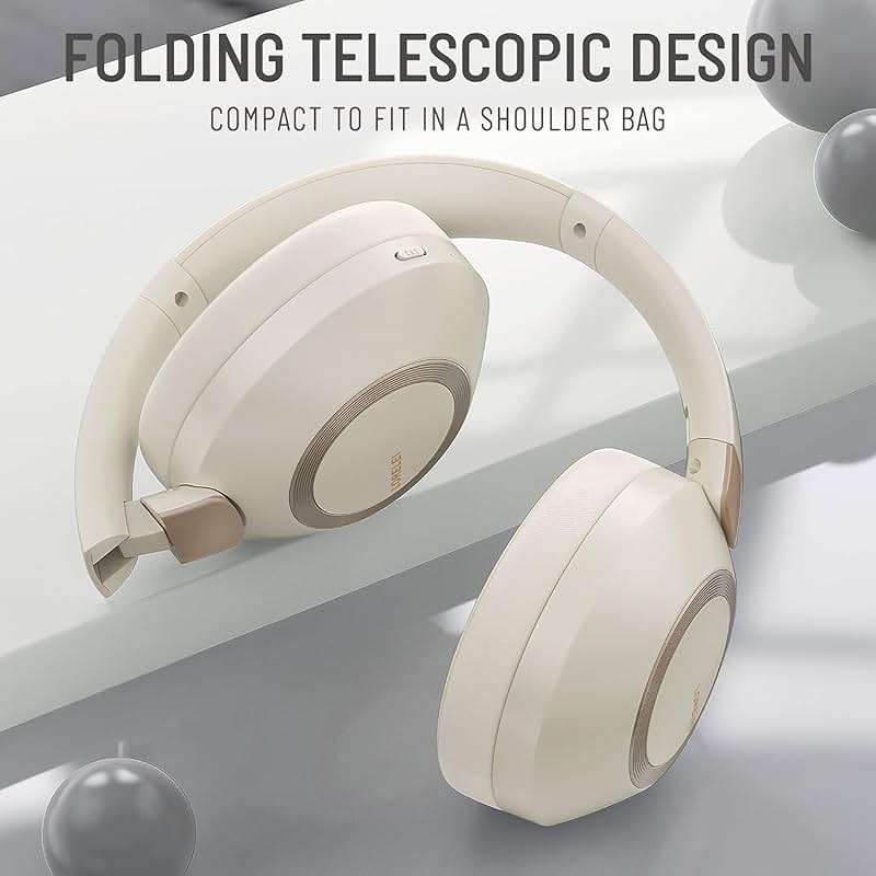 LORELEI B-C6 Wireless Over Ear Headphones, 50H Playtime Foldable Lightweight Bluetooth Headsets, Deep Bass, Built-in Microphone, Memory Foam Earmuff, for Travel, Home Office (Beige White) - Image 3