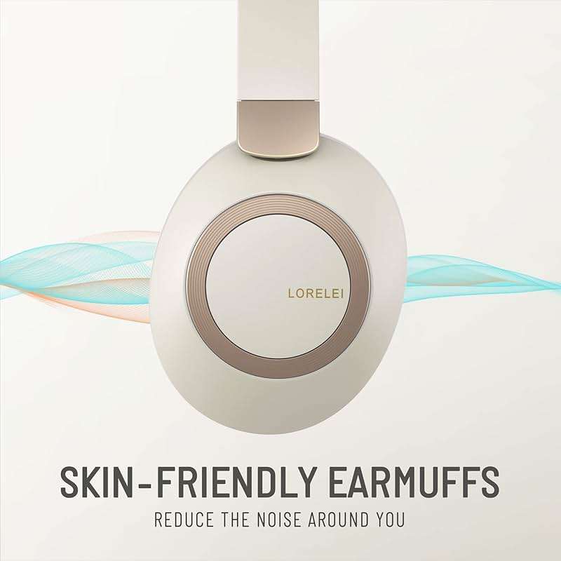 LORELEI B-C6 Wireless Over Ear Headphones, 50H Playtime Foldable Lightweight Bluetooth Headsets, Deep Bass, Built-in Microphone, Memory Foam Earmuff, for Travel, Home Office (Beige White) - Image 4