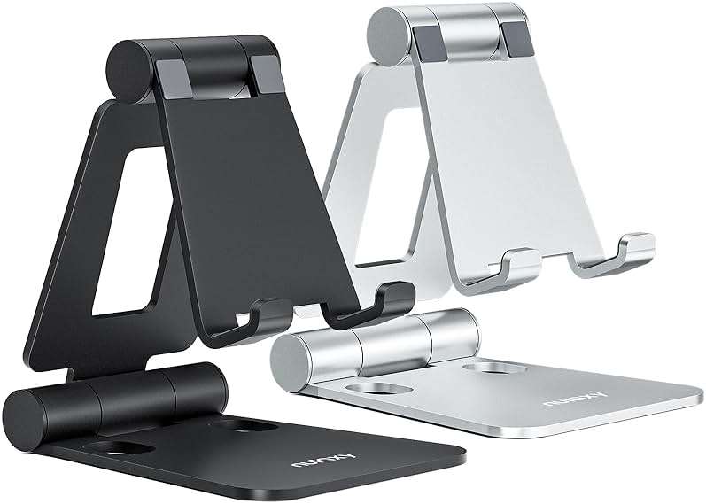 Nulaxy 2 Pack Fully Aluminum Dual Folding Cell Phone Stand, Adjustable Foldable Desktop Phone Holder for Desk Compatible with iPhone 17 16 15 14 13 12 11 Pro Max Xs Xr X 8, All Phones, Black & Silver - Image 1
