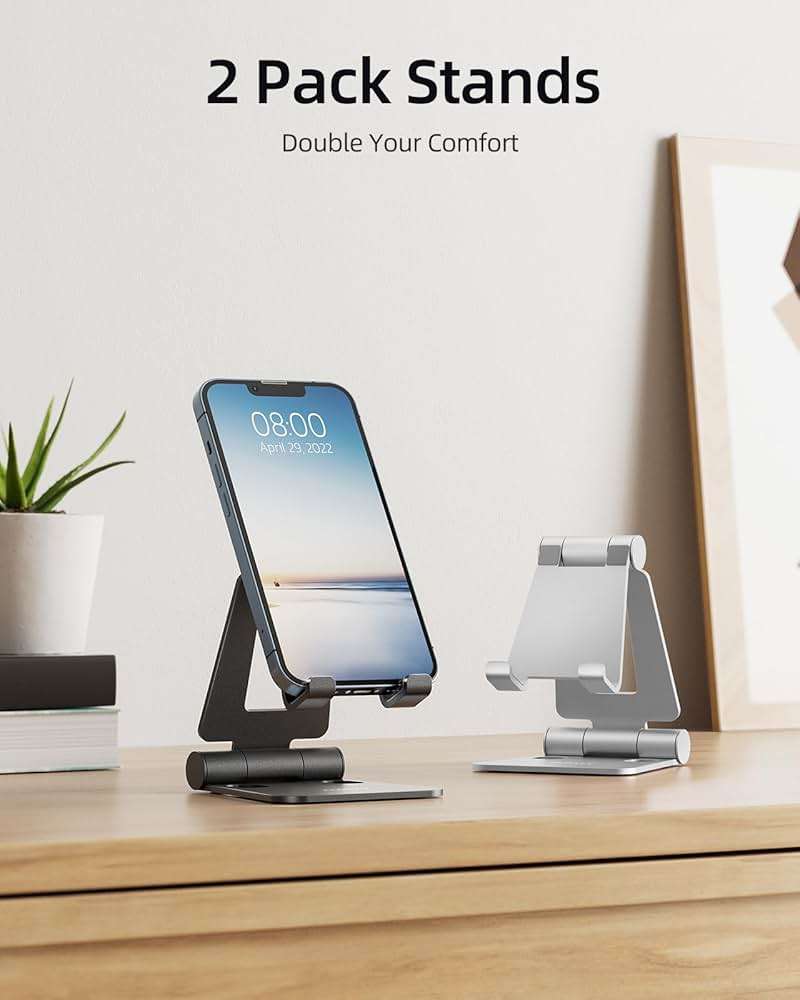 Nulaxy 2 Pack Fully Aluminum Dual Folding Cell Phone Stand, Adjustable Foldable Desktop Phone Holder for Desk Compatible with iPhone 17 16 15 14 13 12 11 Pro Max Xs Xr X 8, All Phones, Black & Silver - Image 2