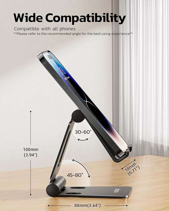 Nulaxy 2 Pack Fully Aluminum Dual Folding Cell Phone Stand, Adjustable Foldable Desktop Phone Holder for Desk Compatible with iPhone 17 16 15 14 13 12 11 Pro Max Xs Xr X 8, All Phones, Black & Silver - Image 3