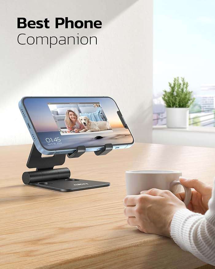 Nulaxy 2 Pack Fully Aluminum Dual Folding Cell Phone Stand, Adjustable Foldable Desktop Phone Holder for Desk Compatible with iPhone 17 16 15 14 13 12 11 Pro Max Xs Xr X 8, All Phones, Black & Silver - Image 6