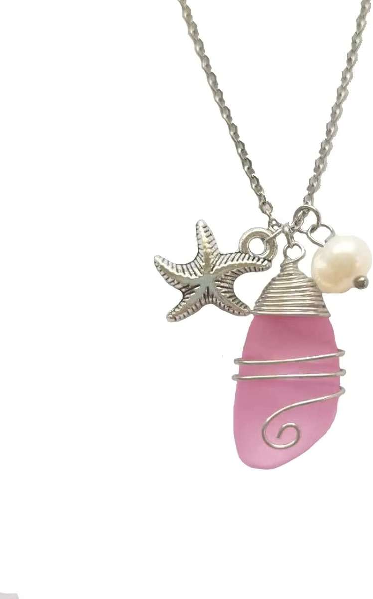 Azusa Sun Sea Glass Necklace for Women Men Wire Wrapped Beach Necklaces with Starfish Imitation Pearl Handmade Summer Beach Holiday Sea Glass Jewelry Gift - Image 1
