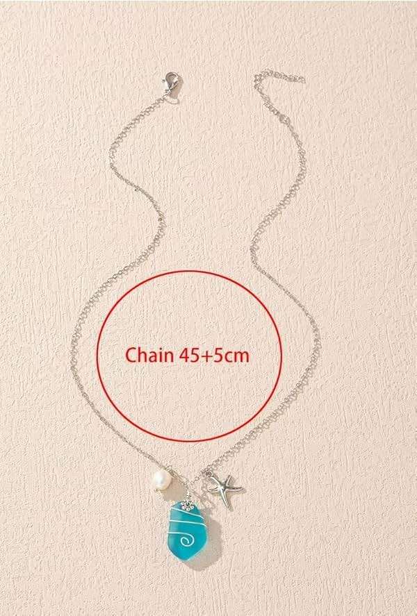 Azusa Sun Sea Glass Necklace for Women Men Wire Wrapped Beach Necklaces with Starfish Imitation Pearl Handmade Summer Beach Holiday Sea Glass Jewelry Gift - Image 2