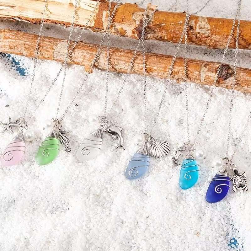 Azusa Sun Sea Glass Necklace for Women Men Wire Wrapped Beach Necklaces with Starfish Imitation Pearl Handmade Summer Beach Holiday Sea Glass Jewelry Gift - Image 3