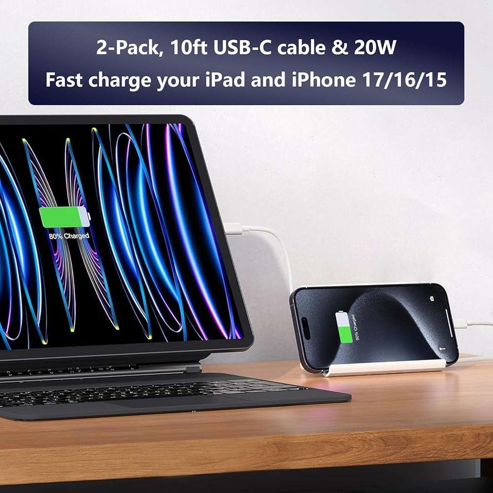 GKW iPad Charger Fast Charging, 10ft USB-C Cable & 20W USB C Charger Block 2-Pack for Apple iPad A16 11th 10th, Pro 13 12.9 11, Air, Mini A17 Pro, iPhone 17 16 15 Series, White - Image 4