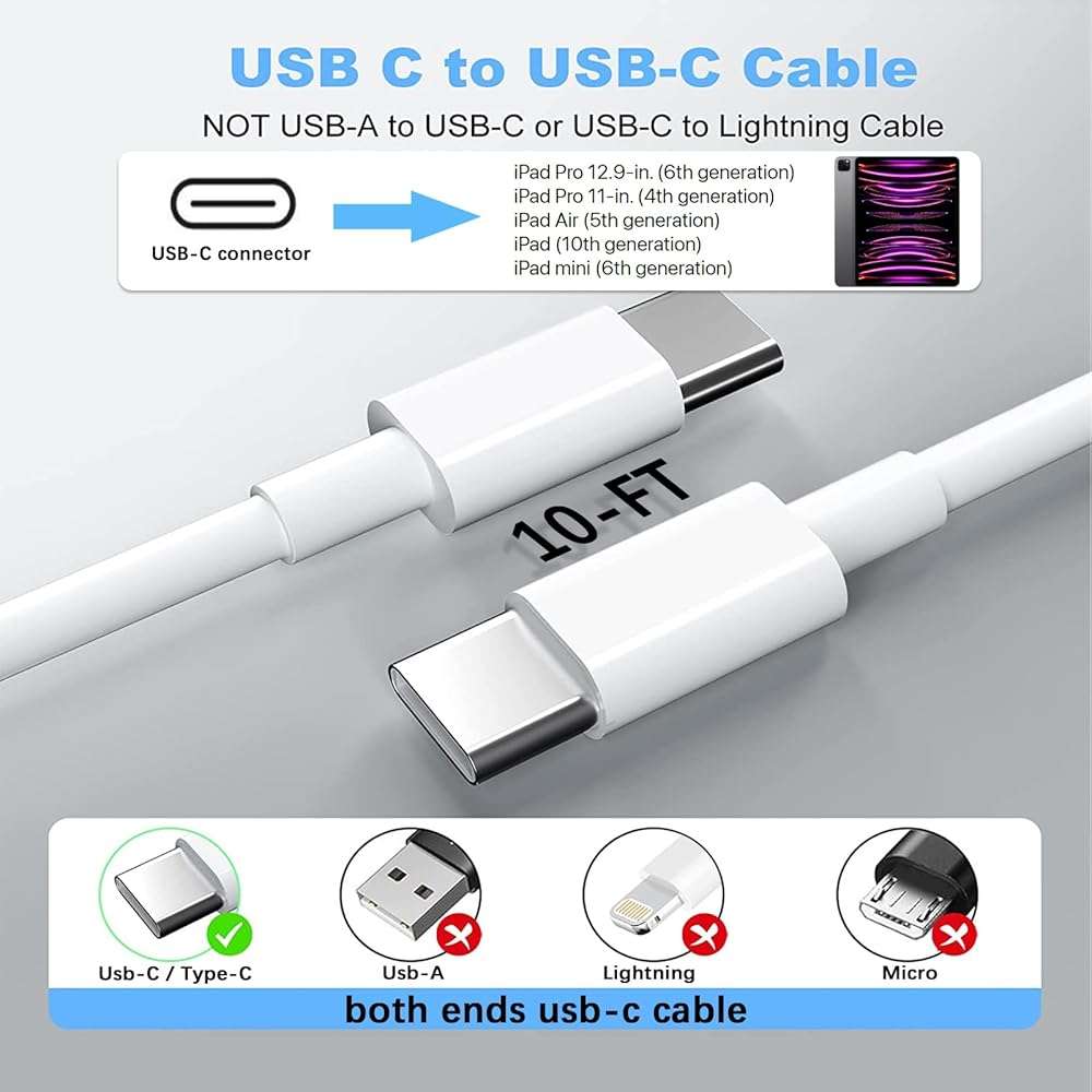 GKW iPad Charger Fast Charging, 10ft USB-C Cable & 20W USB C Charger Block 2-Pack for Apple iPad A16 11th 10th, Pro 13 12.9 11, Air, Mini A17 Pro, iPhone 17 16 15 Series, White - Image 7