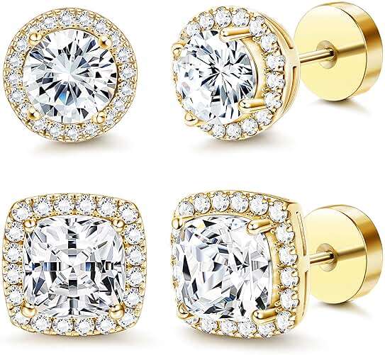 FASACCO 14K Flat Back Round Square Stud Earrings for Men Women Large Big Cubic Zirconia Stud Earrings Mens Earrings Flatback Earrings - Image 1