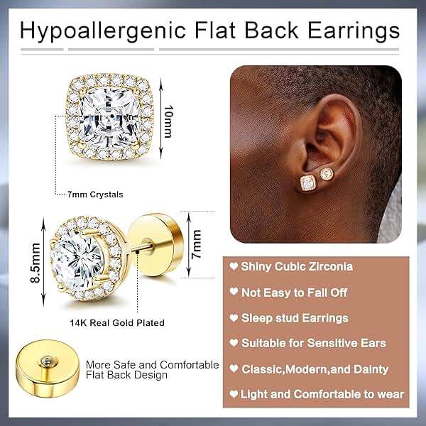 FASACCO 14K Flat Back Round Square Stud Earrings for Men Women Large Big Cubic Zirconia Stud Earrings Mens Earrings Flatback Earrings - Image 2