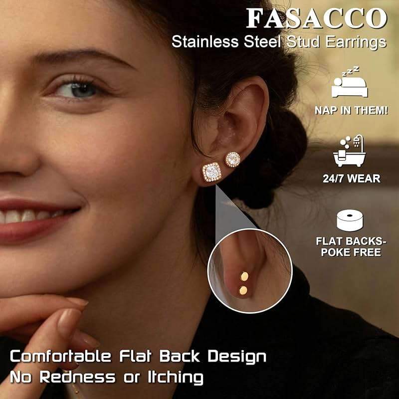 FASACCO 14K Flat Back Round Square Stud Earrings for Men Women Large Big Cubic Zirconia Stud Earrings Mens Earrings Flatback Earrings - Image 3