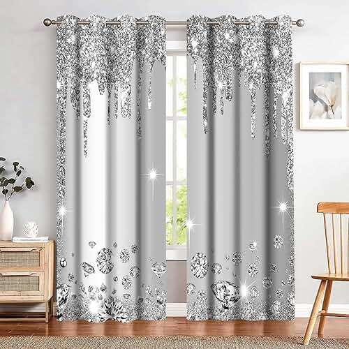 MIZSYE Sparkling Diamond Curtains Silver Shiny Drips Wall Decoration Inspiration Aart Blackout Curtains for Bedrooms Living Rooms Girls Bedroom 2 Panels 42x84inch CLZYMS52 - Image 3