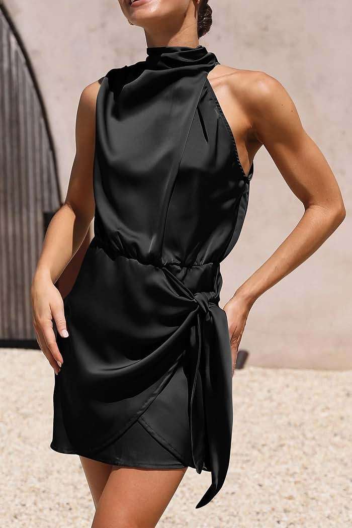 PRETTYGARDEN Women's Short Formal Satin Dress Summer Sleeveless Mock Neck Tie Waist Cocktail Party Dresses - Image 4