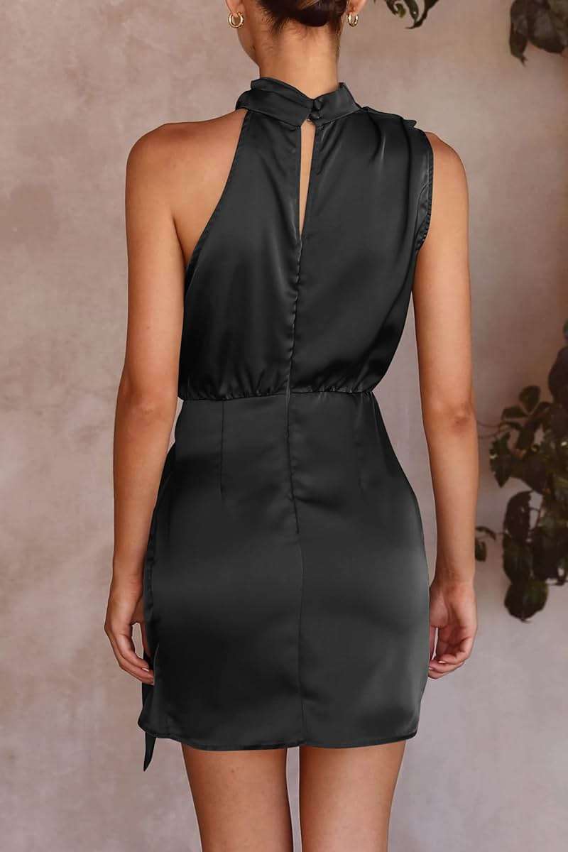 PRETTYGARDEN Women's Short Formal Satin Dress Summer Sleeveless Mock Neck Tie Waist Cocktail Party Dresses - Image 5