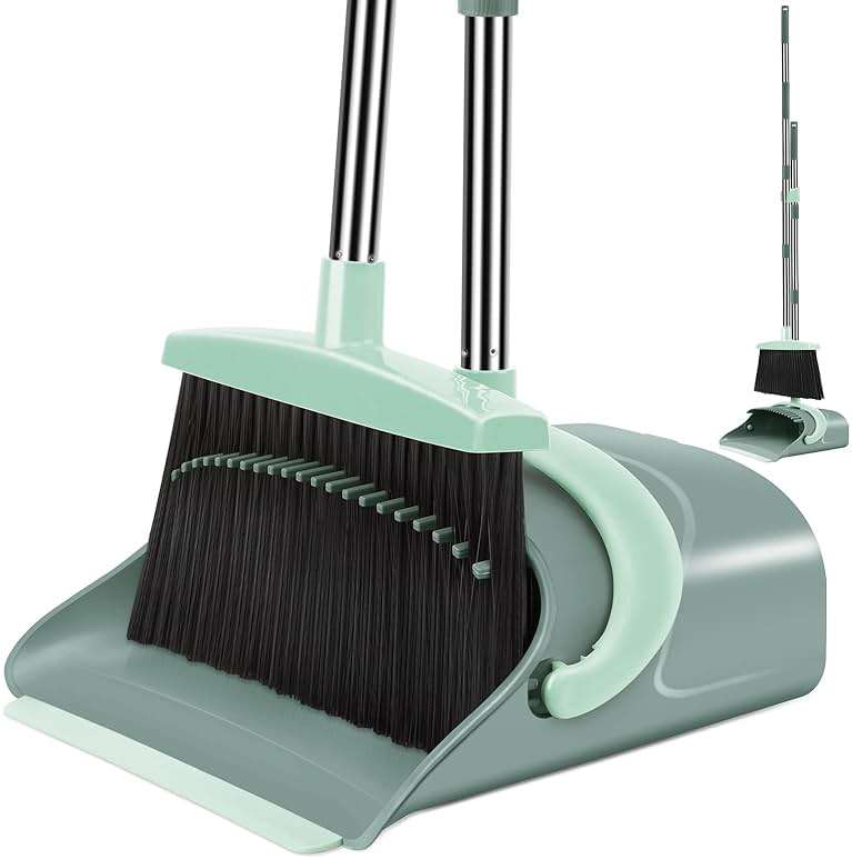 Ivandar Broom and Dustpan Set for Home, Dust pan with Long Handle, Broom with Dustpan Combo Set, for Home Kitchen Room Office Lobby Floor Use Upright Stand Up Sweeping (Gray&Green) - Image 1