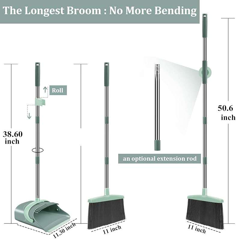 Ivandar Broom and Dustpan Set for Home, Dust pan with Long Handle, Broom with Dustpan Combo Set, for Home Kitchen Room Office Lobby Floor Use Upright Stand Up Sweeping (Gray&Green) - Image 3