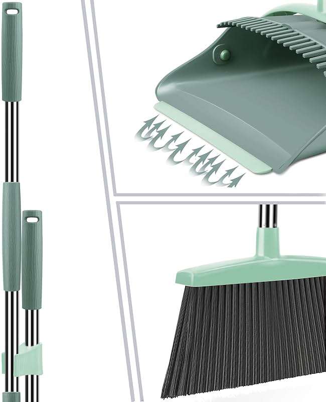 Ivandar Broom and Dustpan Set for Home, Dust pan with Long Handle, Broom with Dustpan Combo Set, for Home Kitchen Room Office Lobby Floor Use Upright Stand Up Sweeping (Gray&Green) - Image 4