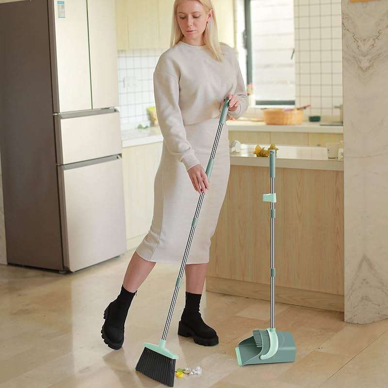 Ivandar Broom and Dustpan Set for Home, Dust pan with Long Handle, Broom with Dustpan Combo Set, for Home Kitchen Room Office Lobby Floor Use Upright Stand Up Sweeping (Gray&Green) - Image 6