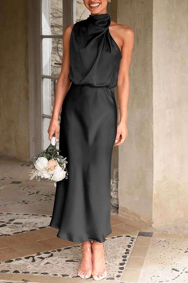 PRETTYGARDEN Women's 2026 Summer Satin Dress Elegant Sleeveless Mock Neck Cocktail Party Maxi Dresses - Image 2