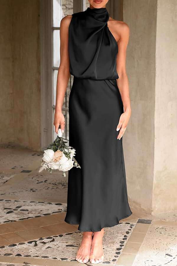 PRETTYGARDEN Women's 2026 Summer Satin Dress Elegant Sleeveless Mock Neck Cocktail Party Maxi Dresses - Image 5
