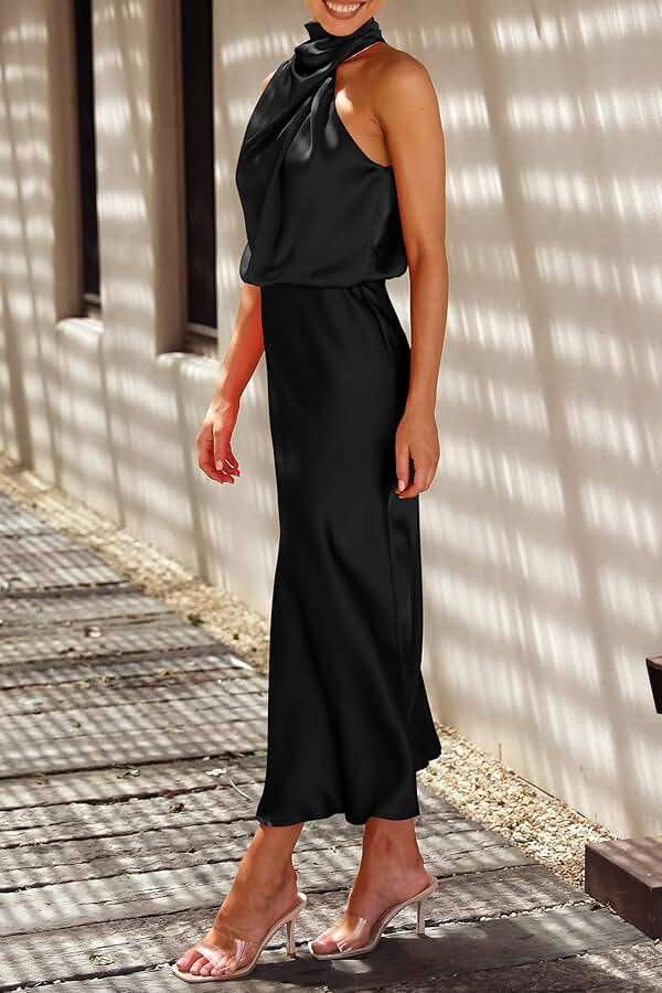 PRETTYGARDEN Women's 2026 Summer Satin Dress Elegant Sleeveless Mock Neck Cocktail Party Maxi Dresses - Image 8